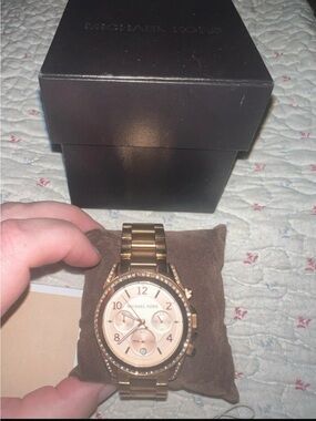 Michael Kors Rose Gold-Tone Crystal Accent Chronograph Bracelet Watch